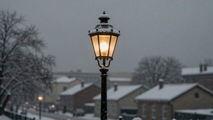 Snowcovered street lamp glowing in winter town