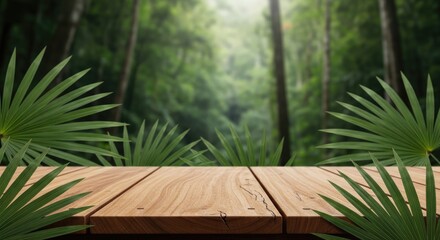 Wooden table in a serene tropical forest with palm leaves