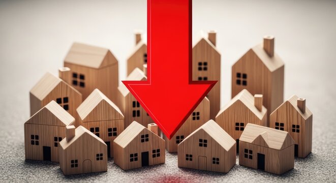 Housing market decline concept with wooden houses and red arrow