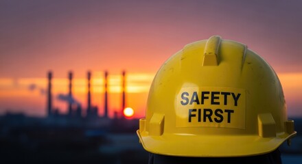 Safety first construction worker at sunset industrial site