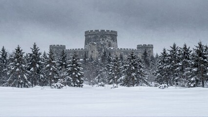 Snowcovered castle surrounded by pine trees in winter
