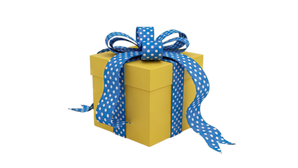 Yellow gift box with blue polka dot ribbon