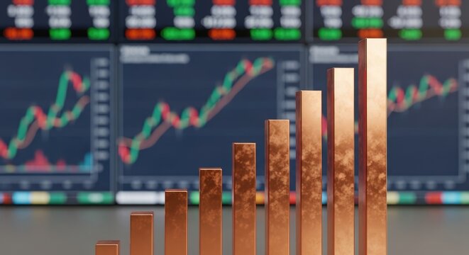 Copper bar graph showing business growth with stock market screens - Powered by Adobe