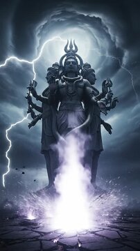 Dark multi-armed deity statue unleashing lightning and raw energy.
