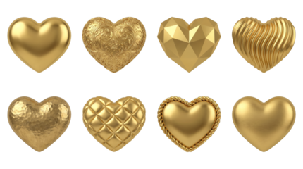 Gold heart set including smooth, filigree, faceted, ribbed, hammered, quilted, and braided textures isolated. Romantic jewelry and luxury design collection.