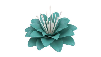 Green, stylized flower with cream stamens on white background