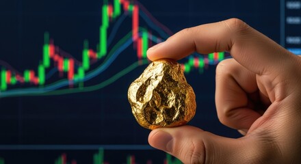 Hand holding gold nugget with stock market graph in background
