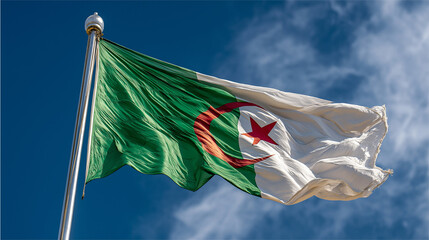 Algerian National Flag Waving in the Wind Against Clear Blue Sky, Symbol of Independence, Patriotism and National Identity