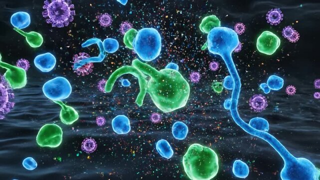 Colorful microscopic particles and immune cell fluid space with blue macrophage shapes and green amoeboid cells interacting with purple virus particles microscopic view of virus particles and immune