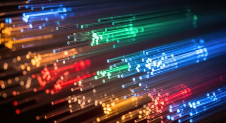 Vibrant colorful fiber optic cables transmitting data rapidly
