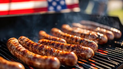 Delicious browned sausages sizzling hot over glowing coals on an outdoor barbecue grill with the american flag faintly visible in the background