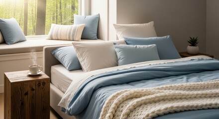 Cozy bedroom with blue and white bedding and forest view