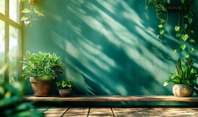 Minimal interior scene with green plants and sunlight, natural home decor background with calm and modern atmosphere