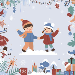 Fototapeta premium Hello winter, background, greeting card. Various winter signs, xmas gift and present, warm clothes. Happy kids, friends. December celebration and holidays.