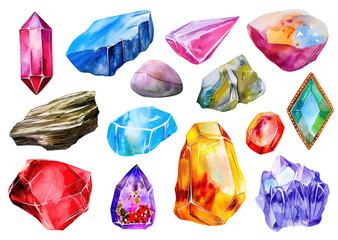 Colorful crystals and gemstones collection isolated