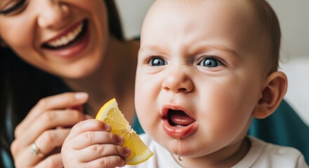 Adorable baby reacts to sour lemon slice with amused mother