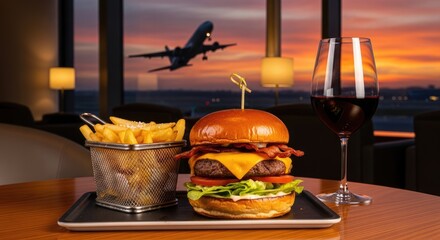 Delicious burger, fries, and wine on a table with an airplane taking off outside during sunset