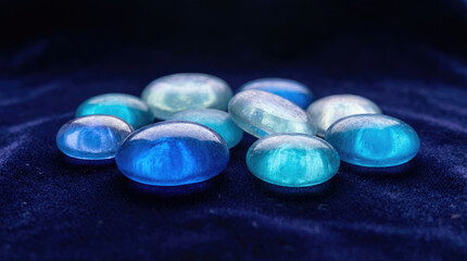 Group of luminous blue and cyan orbs resting on a dark surface creating a soft glowing effect with light reflecting