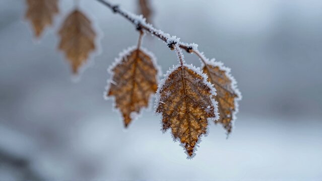 Frostcovered autumn leaves on branch - Powered by Adobe