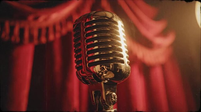 Vintage microphone against red curtain stage lighting concept