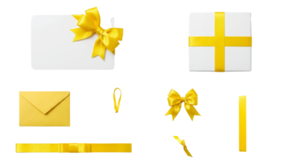 Yellow gift packaging set including boxes, envelopes, bows, ribbons, and gift tags isolated. Celebration and birthday present collection.