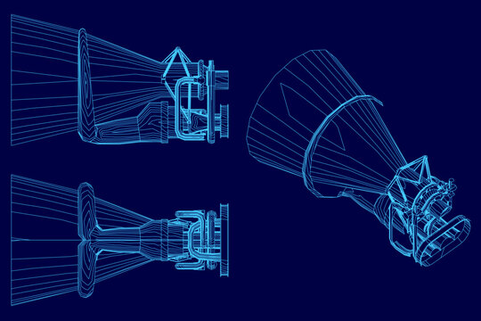 A detailed blueprint of a rocket engine set against a blue background, featuring the intricate contour and technical components of the propulsion system.