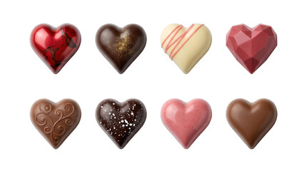 Chocolate heart candy set including dark, milk, white, ruby, and marbled truffles isolated. Gourmet Valentine day confectionery collection.