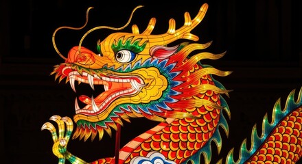 Vibrant Chinese dragon lantern with colorful scales and fiery mane