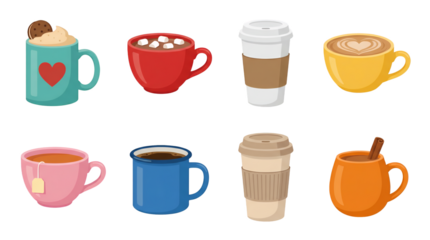 Hot drink and coffee cup set including mugs with latte art, hot chocolate, marshmallows, cinnamon, and herbal tea isolated. Breakfast and cafe beverage collection.