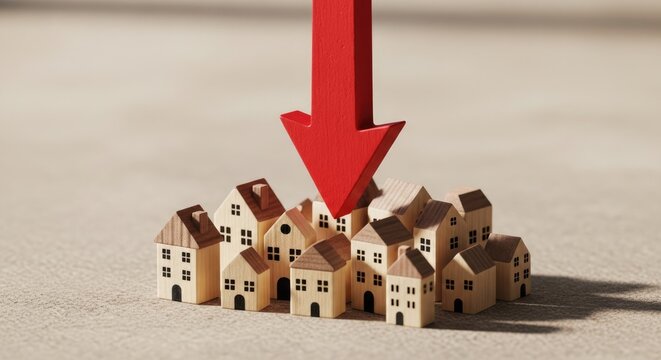 Housing market decline concept with wooden houses and red arrow