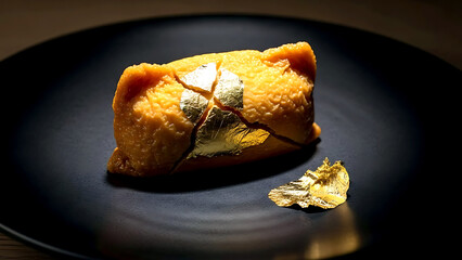still life, Black and gold illusion a piece of inari sushi (fried tofu) on a black plate, its golden color mimicking a kintsugi repair from afar, with a real gold leaf flake beside it 