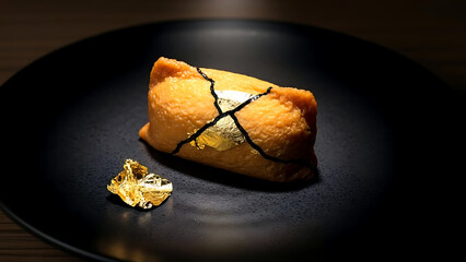 still life, Black and gold illusion a piece of inari sushi (fried tofu) on a black plate, its golden color mimicking a kintsugi repair from afar, with a real gold leaf flake beside it 