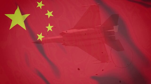 Graphic Chinese flag background features a dark military fighter jet silhouette with a textured vintage film effect.

