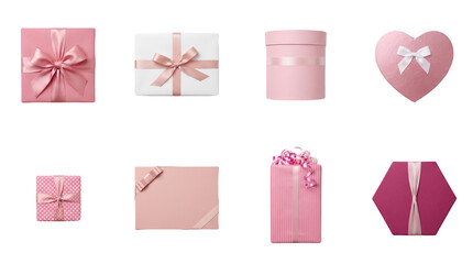 Pink gift box set including square, rectangular, heart, round, and hexagonal shapes isolated. Birthday and Valentines Day present collection.
