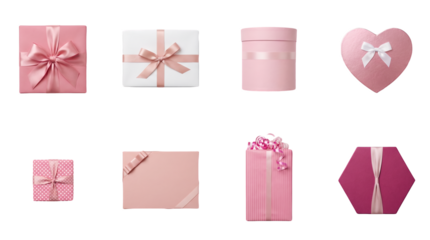 Pink gift box set including square, rectangular, heart, round, and hexagonal shapes isolated. Birthday and Valentines Day present collection.