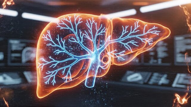 Glowing medical illustration holographic liver anatomy with illuminated bile ducts hepatic artery portal vein vascular tree branching vessels detailed anatomy translucent organ visualization clinical
