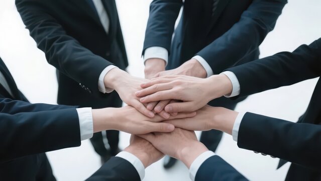 A scene of professionals stacking hands, conveying the workplace spirit of cooperation and unity.