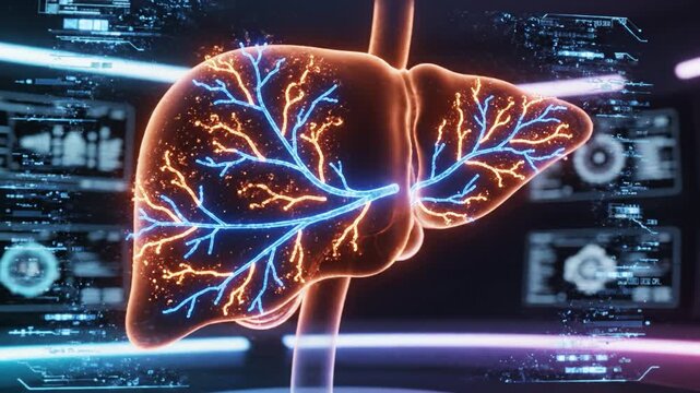 Glowing human liver visualization merging illuminated vascular network, bile duct pathways and hepatic organ anatomy neon medical diagnostic lab showing detailed clinical imaging and technology