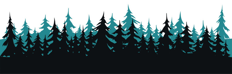 Obraz premium Coniferous spruce panorama. Seamless forest of Christmas fir trees silhouette. Park of evergreen wood. Vector on white background. Forest silhouette of pine trees creating