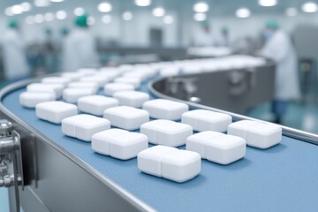 Curved industrial conveyor belt transporting white packaged goods in factory interior, automation and continuous production concept ideal for manufacturing and process optimization visuals