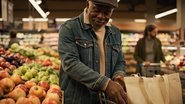 Man shopping supermarket apple cart. Senior shopper selects produce and apple. Grocery choice highlights healthy lifestyle and nutrition. Denim jacket and tote bag visible. Store aisle atmosphere
