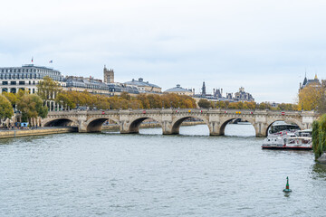Pont Neuf old Bridge in Paris river water. France old building architecture