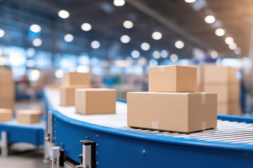 Logistics conveyor system with stacked cardboard boxes inside distribution warehouse, order fulfillment and transport workflow ideal for e-commerce and commercial use