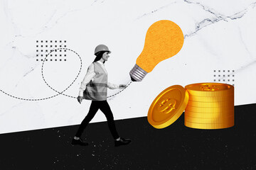 3D photo collage template artwork sketch of currency cash wealth finance trade young lady worker walk idea lamp bulb pile coins creative