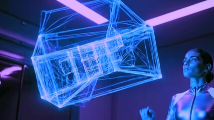 Futuristic digital interaction, Woman engages with virtual interface, Individual demonstrates control over holographic models using advanced augmented reality technology in laboratory setting - Powered by Adobe