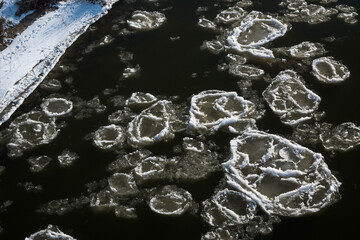 An ice floe floating down a river.
