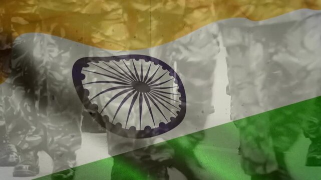 Indian Military Force. Soldiers Marching with National Flag Overlay. Indian military illustration. Indian Army with waving flag of India. Indian Troopers Illustration.