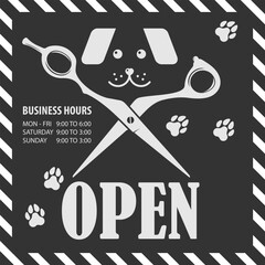 Open Pet Grooming Salon Sign With Scissors And Paw Prints