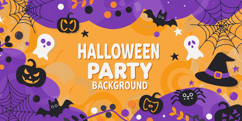 Festive halloween party background with ghosts pumpkins and web decorations