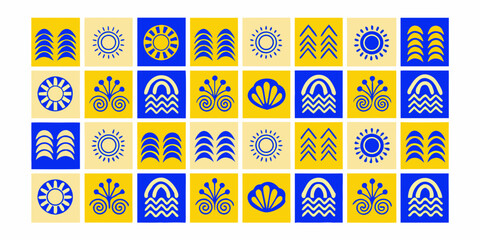 Geometric patterns in blue and yellow a repeating tile arrangement visualization